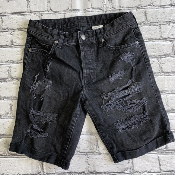 H&M Men's Low Waist Shorts Faded Black Size 28 Denim Distressed Trashed - Picture 1 of 7